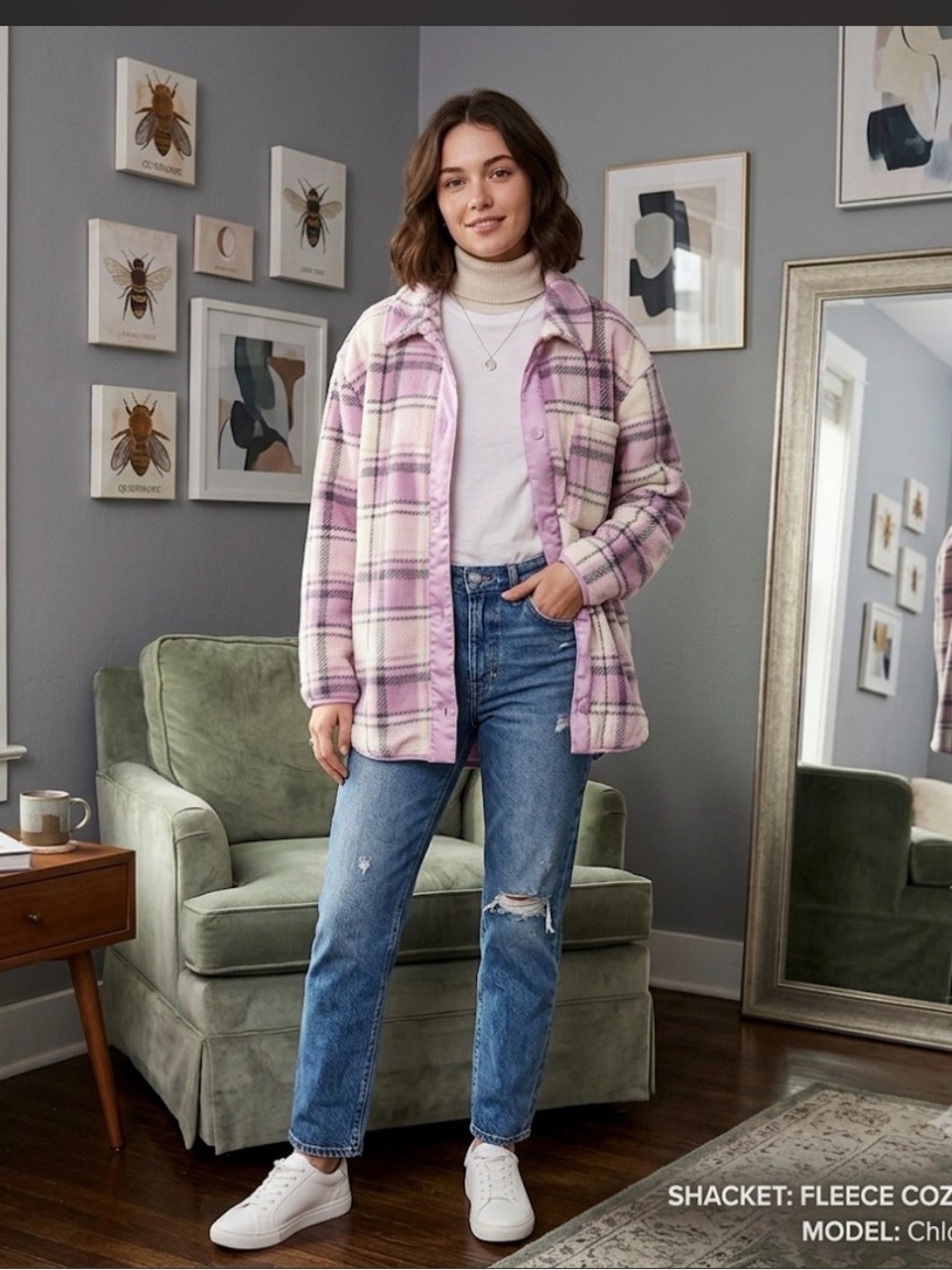 Berkeley Jensen White & Purple Plaid Fleece Shacket Size XXL. Length 26in